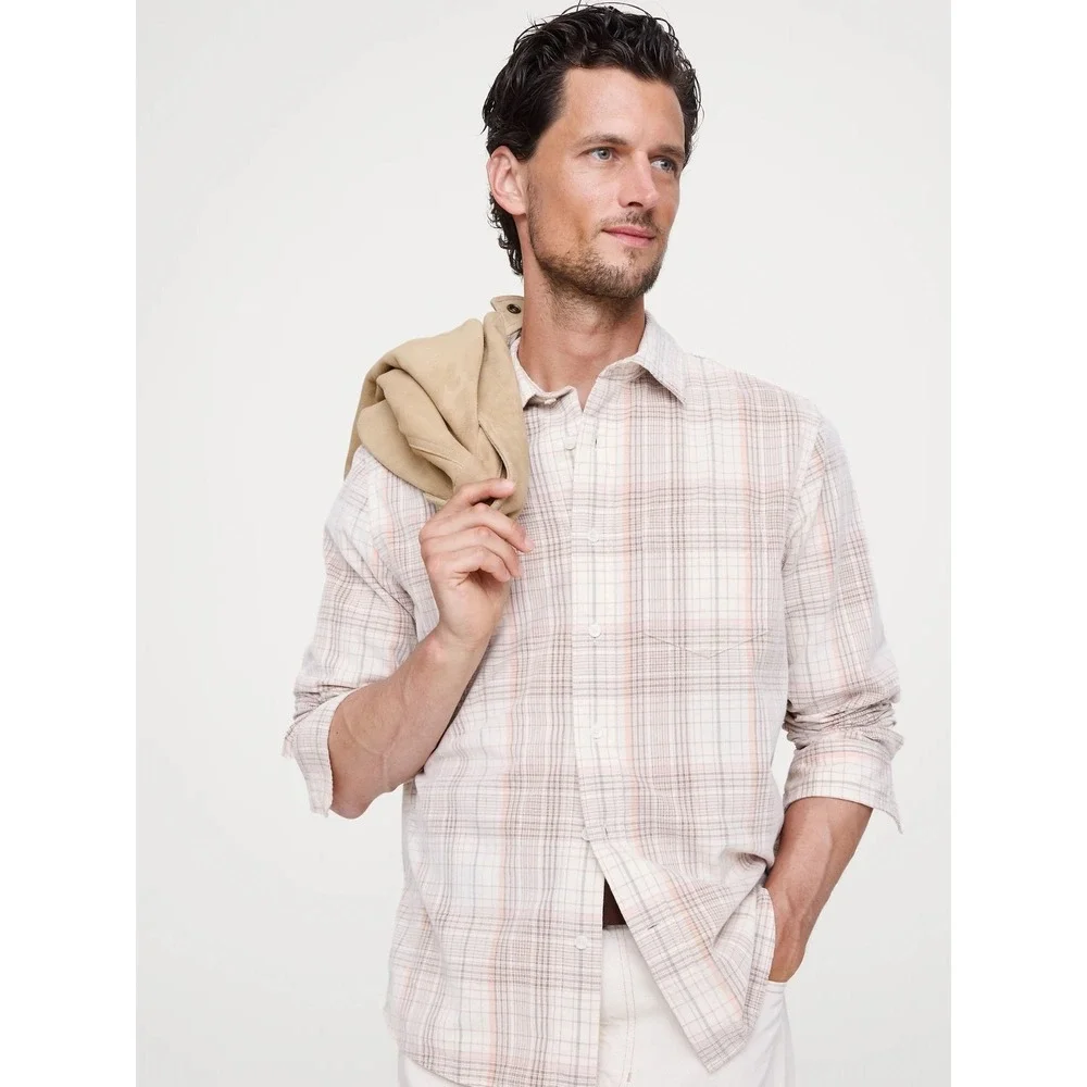 NWT Banana Republic Standard Fit Lightweight Corduroy Shirt MEDIUM‎ Cream Plaid
